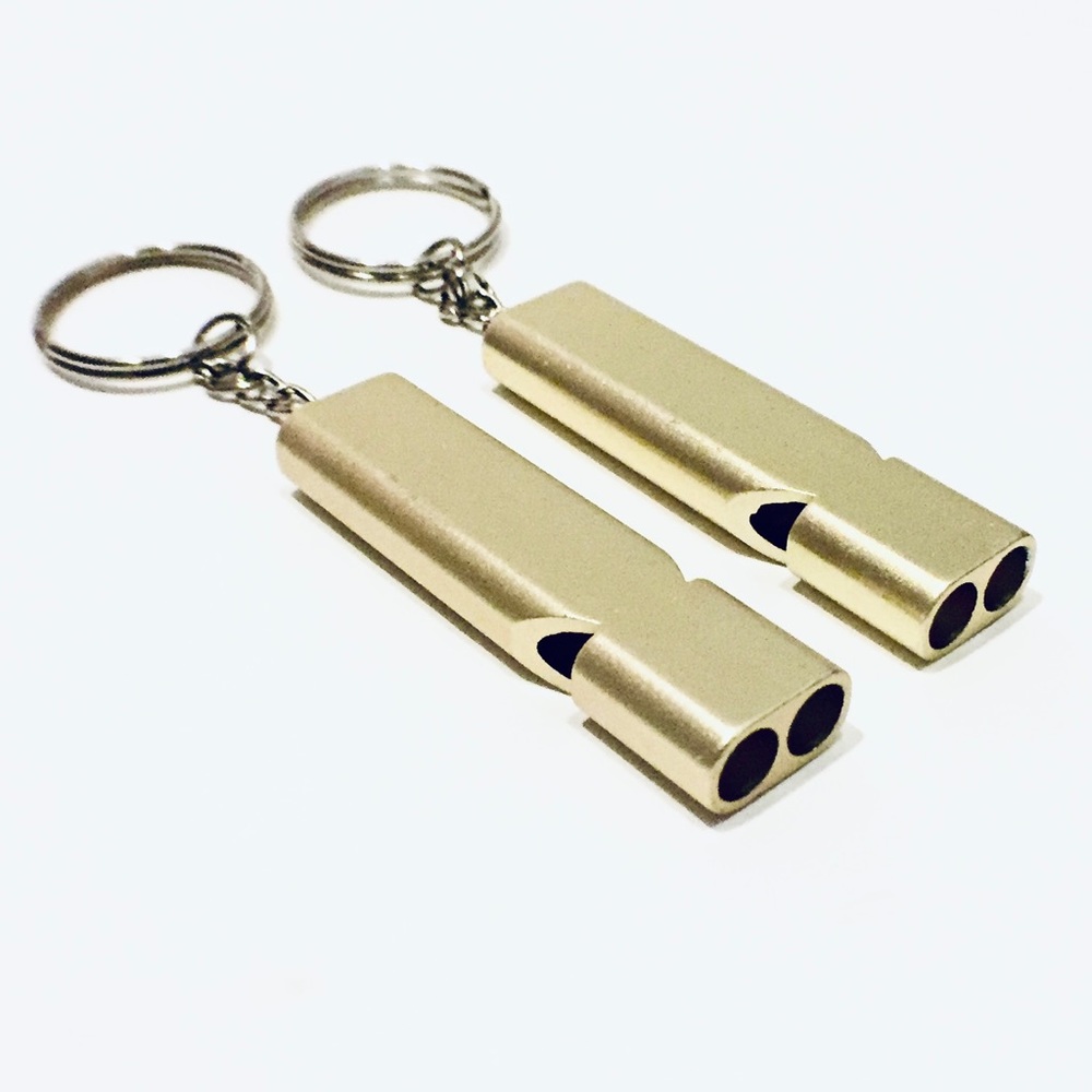 NEW 2 Gold Emergency Keychain Whistles Survival Safety Loud Alert Flat Metal